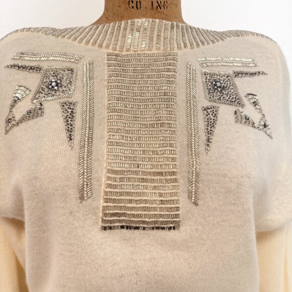 Vintage 80s Anne Klein Cream Lambswool Angora Beaded Batwing Sweater Size Medium - Picture 3 of 13